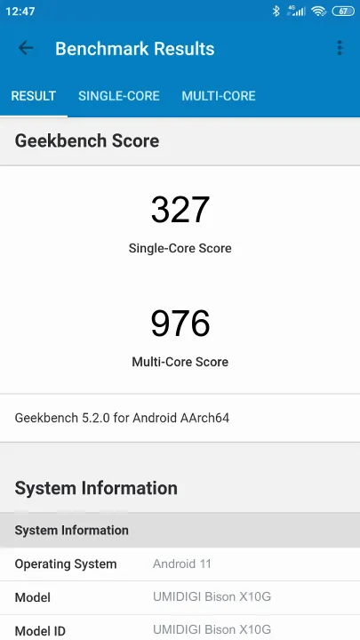 UMIDIGI Bison X10G Geekbench Benchmark результаты теста (score / баллы)