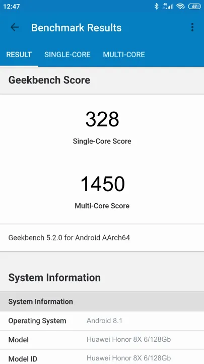 Huawei Honor 8X 6/128Gb Geekbench Benchmark результаты теста (score / баллы)