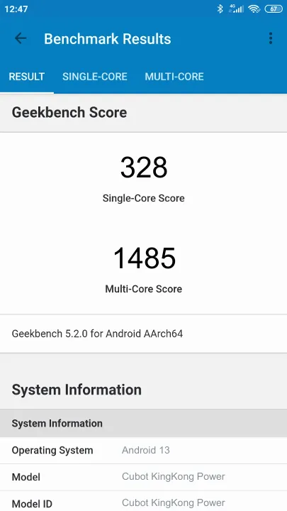 Cubot KingKong Power Geekbench Benchmark результаты теста (score / баллы)