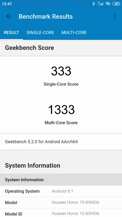 Huawei Honor 10 6/64Gb Geekbench Benchmark результаты теста (score / баллы)