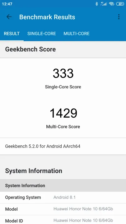 Huawei Honor Note 10 6/64Gb Geekbench Benchmark результаты теста (score / баллы)