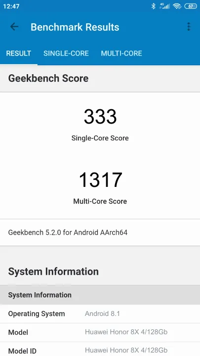 Huawei Honor 8X 4/128Gb Geekbench Benchmark результаты теста (score / баллы)