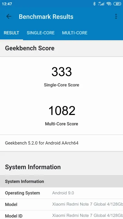 Xiaomi Redmi Note 7 Global 4/128Gb Geekbench Benchmark результаты теста (score / баллы)