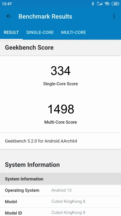 Cubot KingKong 8 Geekbench Benchmark результаты теста (score / баллы)