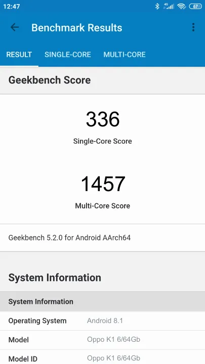 Oppo K1 6/64Gb Geekbench Benchmark результаты теста (score / баллы)
