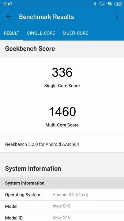 Inew S10 Geekbench Benchmark результаты теста (score / баллы)