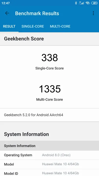 Huawei Mate 10 4/64Gb Geekbench Benchmark результаты теста (score / баллы)