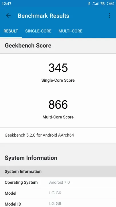 LG G6 Geekbench Benchmark результаты теста (score / баллы)