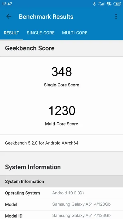 Samsung Galaxy A51 4/128Gb Geekbench Benchmark результаты теста (score / баллы)