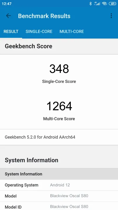 Blackview Oscal S80 Geekbench Benchmark результаты теста (score / баллы)