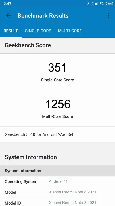 Xiaomi Redmi Note 8 2021 Geekbench Benchmark результаты теста (score / баллы)