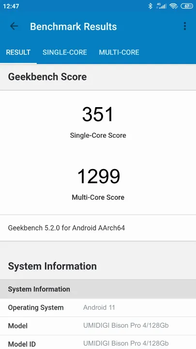 UMIDIGI Bison Pro 4/128Gb Geekbench Benchmark результаты теста (score / баллы)
