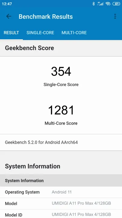 UMIDIGI A11 Pro Max 4/128GB Geekbench Benchmark результаты теста (score / баллы)