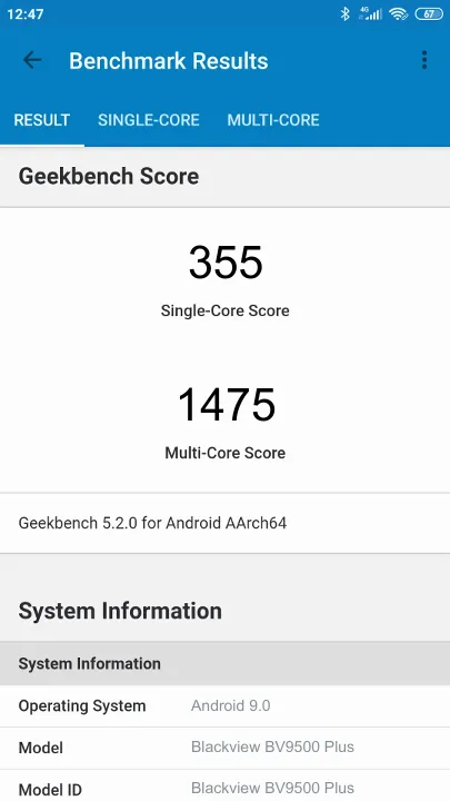Blackview BV9500 Plus Geekbench Benchmark результаты теста (score / баллы)