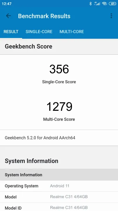 Realme C31 4/64GB Geekbench Benchmark результаты теста (score / баллы)