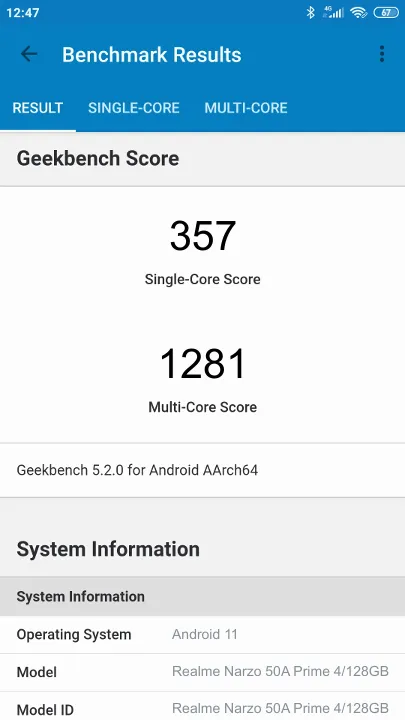 Realme Narzo 50A Prime 4/128GB Geekbench Benchmark результаты теста (score / баллы)