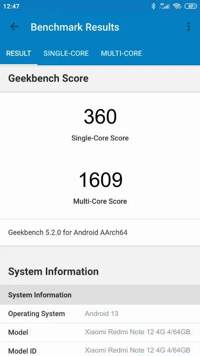 Xiaomi Redmi Note 12 4G 4/64GB Geekbench Benchmark результаты теста (score / баллы)