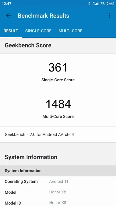 Honor X8 Geekbench Benchmark результаты теста (score / баллы)