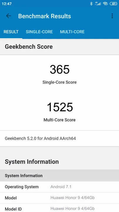 Huawei Honor 9 4/64Gb Geekbench Benchmark результаты теста (score / баллы)