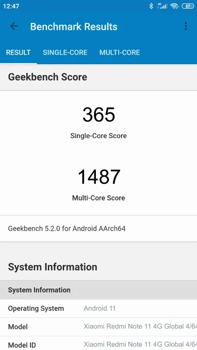 Xiaomi Redmi Note 11 4G Global 4/64GB non-NFC Geekbench Benchmark результаты теста (score / баллы)
