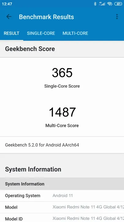 Xiaomi Redmi Note 11 4G Global 4/128GB non-NFC Geekbench Benchmark результаты теста (score / баллы)