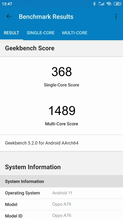 Oppo A76 Geekbench Benchmark результаты теста (score / баллы)