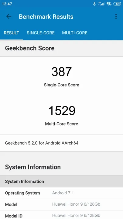 Huawei Honor 9 6/128Gb Geekbench Benchmark результаты теста (score / баллы)