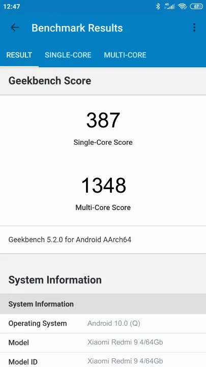 Xiaomi Redmi 9 4/64Gb Geekbench Benchmark результаты теста (score / баллы)