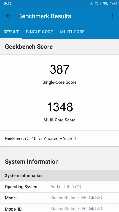Xiaomi Redmi 9 4/64Gb NFC Geekbench Benchmark результаты теста (score / баллы)