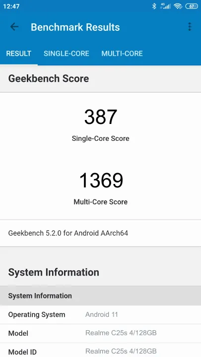 Realme C25s 4/128GB Geekbench Benchmark результаты теста (score / баллы)