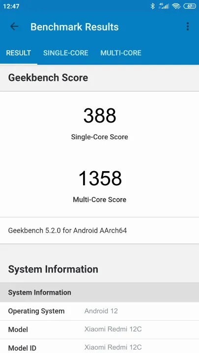 Xiaomi Redmi 12C 3/64GB Geekbench Benchmark результаты теста (score / баллы)