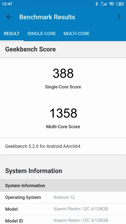 Xiaomi Redmi 12C 4/128GB Geekbench Benchmark результаты теста (score / баллы)
