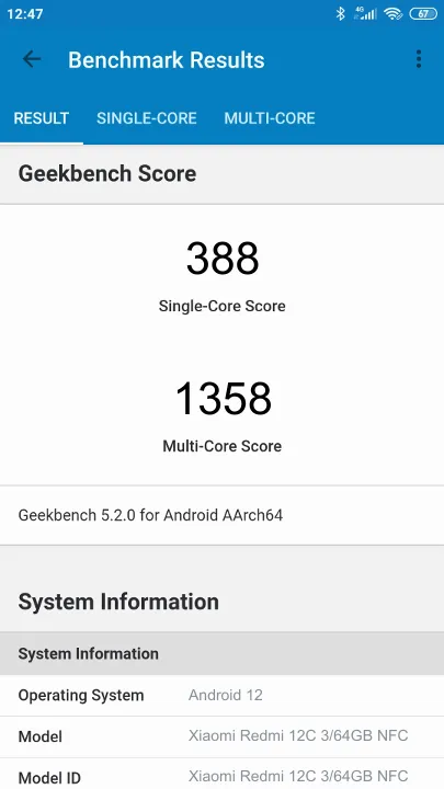 Xiaomi Redmi 12C 3/64GB NFC Geekbench Benchmark результаты теста (score / баллы)