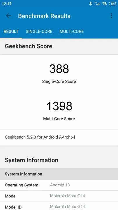Motorola Moto G14 Geekbench Benchmark результаты теста (score / баллы)