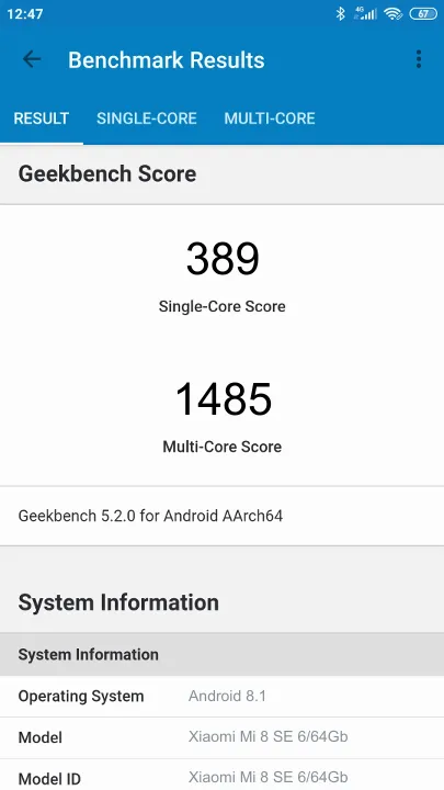 Xiaomi Mi 8 SE 6/64Gb Geekbench Benchmark результаты теста (score / баллы)