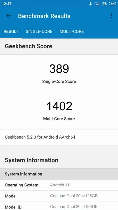 Coolpad Cool 20 4/128GB Geekbench Benchmark результаты теста (score / баллы)