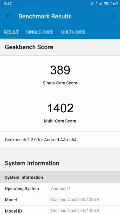Coolpad Cool 20 6/128GB Geekbench Benchmark результаты теста (score / баллы)