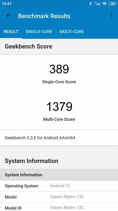 Xiaomi Redmi 13C Geekbench Benchmark результаты теста (score / баллы)