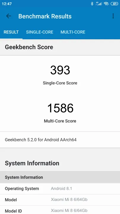 Xiaomi Mi 8 6/64Gb Geekbench Benchmark результаты теста (score / баллы)