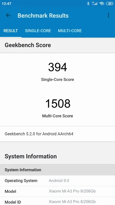 Xiaomi Mi A3 Pro 8/256Gb Geekbench Benchmark результаты теста (score / баллы)