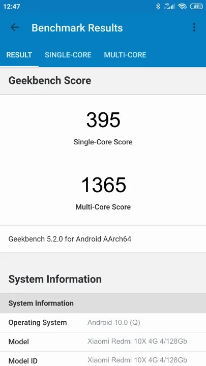 Xiaomi Redmi 10X 4G 4/128Gb Geekbench Benchmark результаты теста (score / баллы)