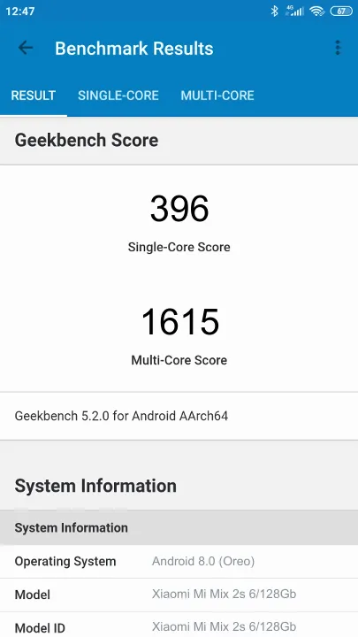 Xiaomi Mi Mix 2s 6/128Gb Geekbench Benchmark результаты теста (score / баллы)