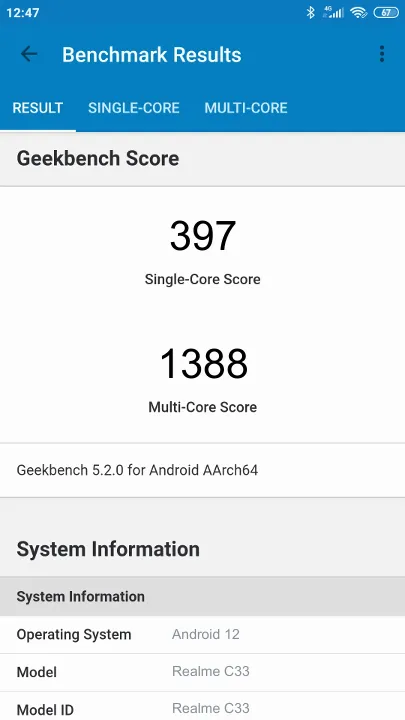 Realme C33 3/32GB Geekbench Benchmark результаты теста (score / баллы)