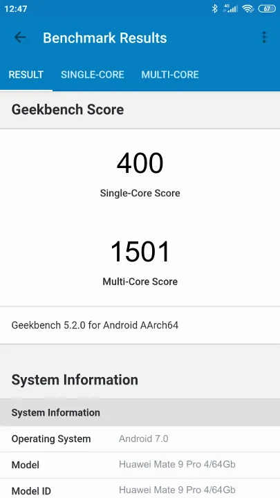 Huawei Mate 9 Pro 4/64Gb Geekbench Benchmark результаты теста (score / баллы)