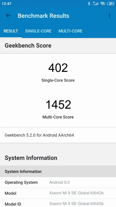 Xiaomi Mi 9 SE Global 6/64Gb Geekbench Benchmark результаты теста (score / баллы)