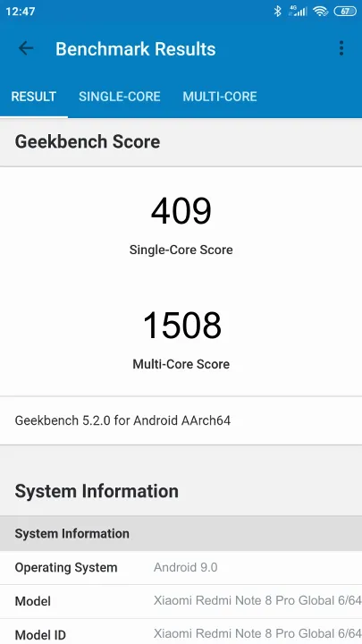 Xiaomi Redmi Note 8 Pro Global 6/64Gb Geekbench Benchmark результаты теста (score / баллы)