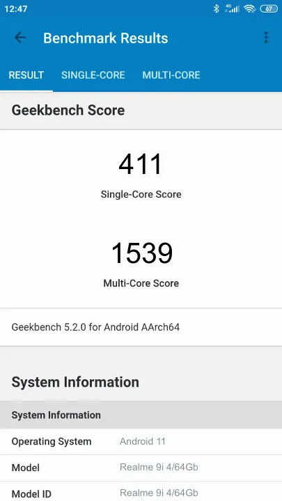 Realme 9i 4/64Gb Geekbench Benchmark результаты теста (score / баллы)