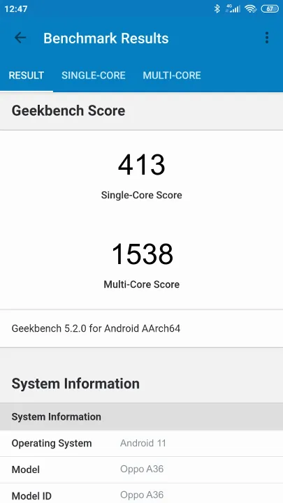 Oppo A36 Geekbench Benchmark результаты теста (score / баллы)