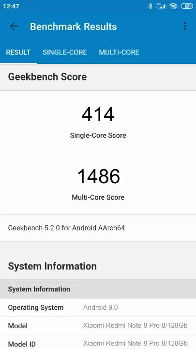 Xiaomi Redmi Note 8 Pro 8/128Gb Geekbench Benchmark результаты теста (score / баллы)