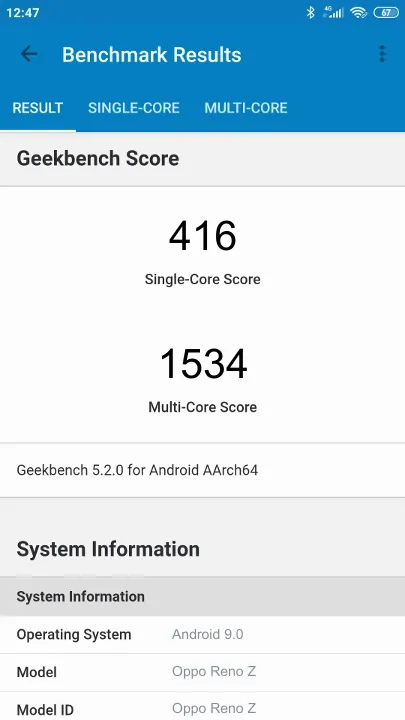 Oppo Reno Z Geekbench Benchmark результаты теста (score / баллы)
